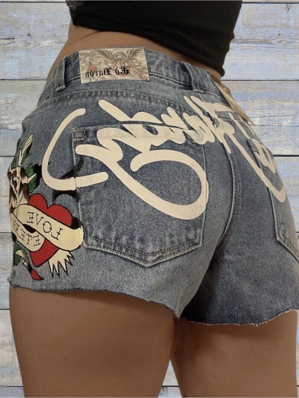 Ed Hardy Love Eternal Denim Cut-Off Shorts Size 30 (US 10 / M-L) VINTAGE NWOT